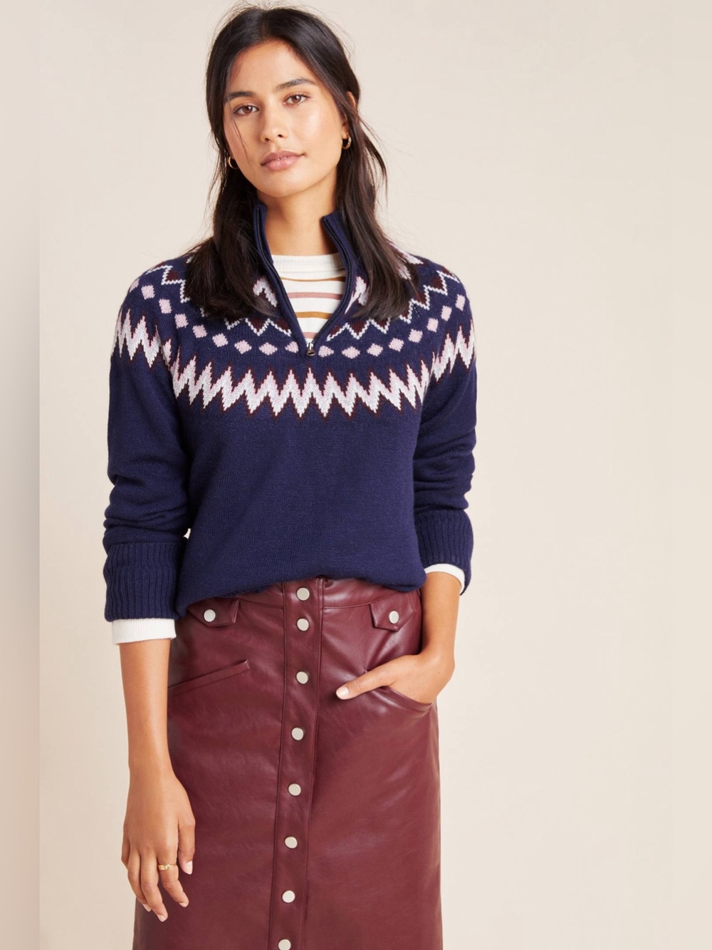 Anthropologie‎ Navy Bridey Quater-Zip Sweater Isle-Inspired Knit Pattern Medium